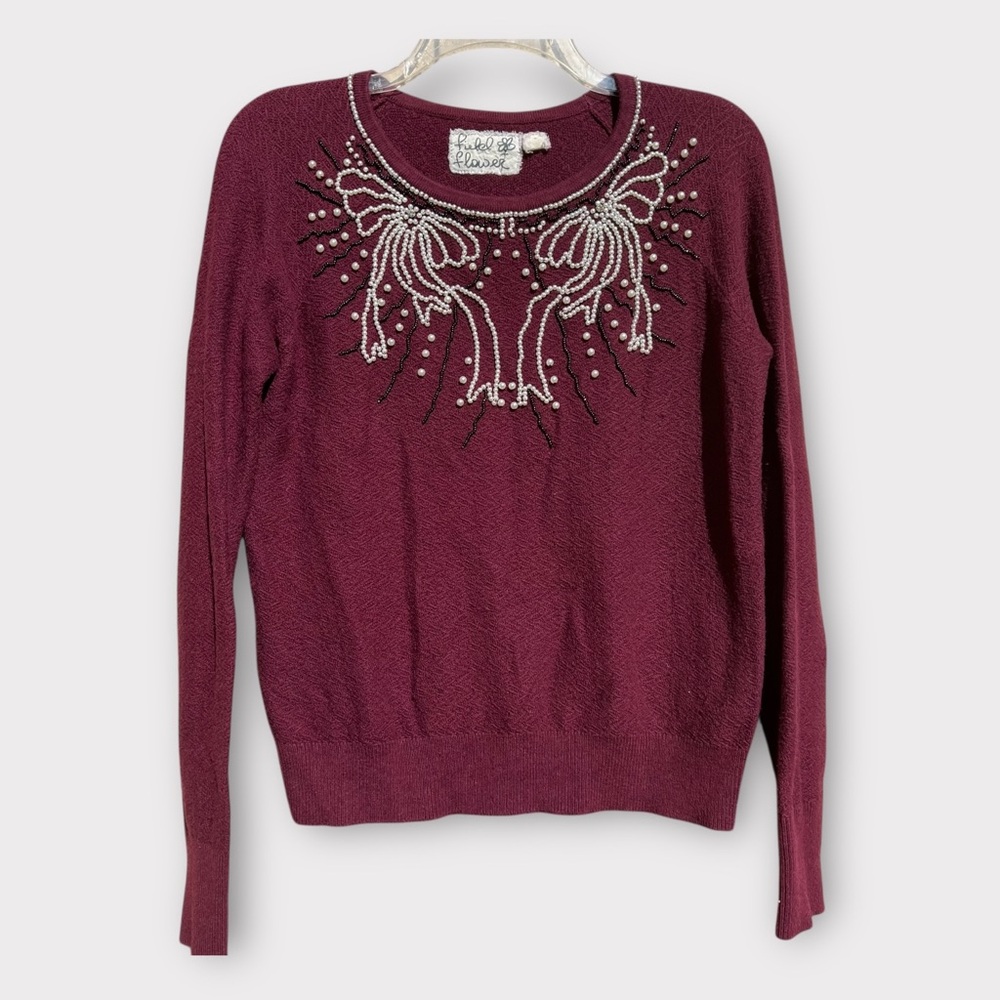Anthropologie Embellished Crewneck Sweater in Wine and Ivory